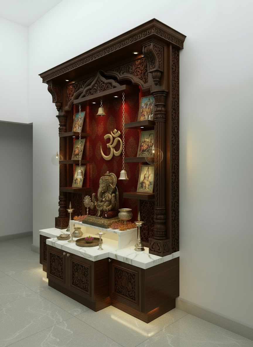 Premium Luxury solid teakwood pooja mandir with ornate pillars and elegant dome top