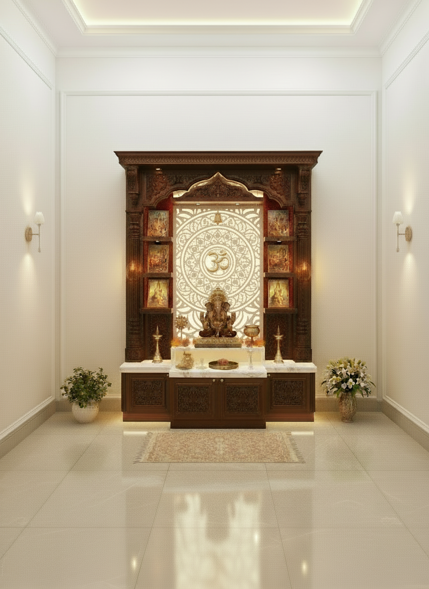 Luxury handcrafted temple unit with intricate floral carvings and polished surface