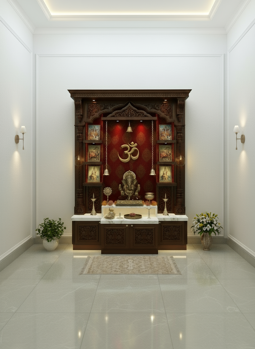 Premium handcrafted wooden pooja mandir with marble base and OM backdrop design