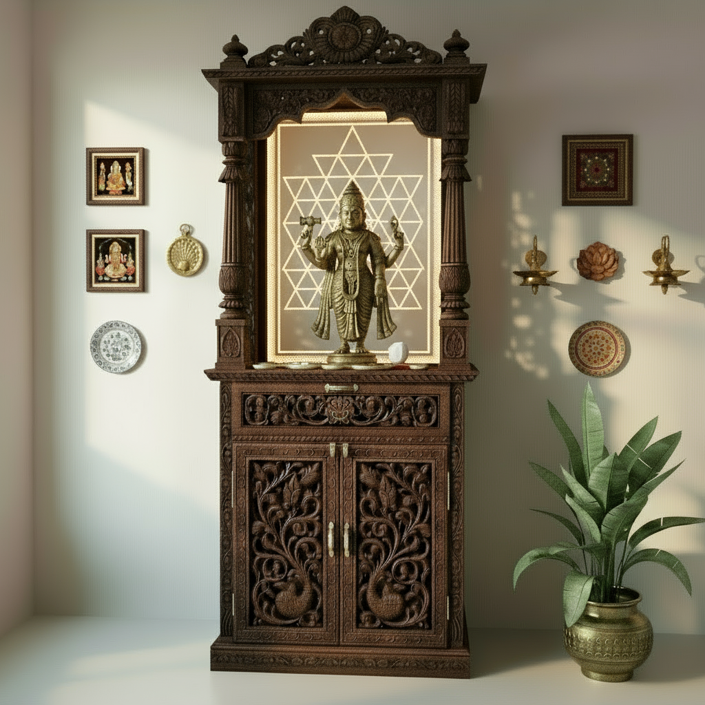 Deeply carved traditional wooden pooja mandir with LED Corian backlit Om panel in warm golden light