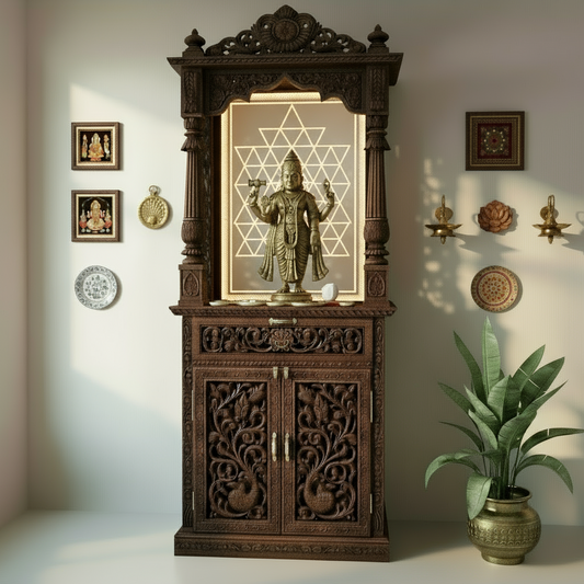 Deeply carved traditional wooden pooja mandir with LED Corian backlit Om panel in warm golden light