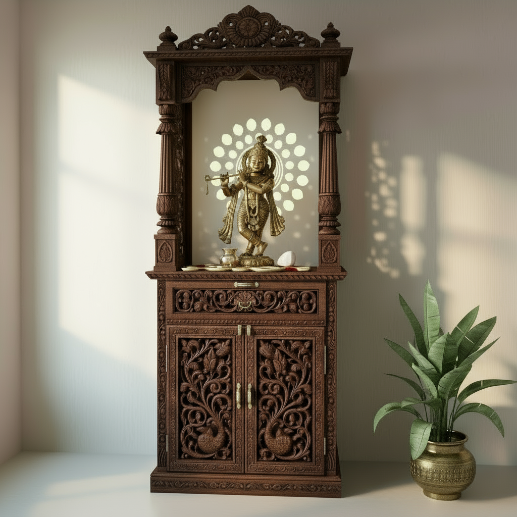 Luxury carved wooden mandir with drawer, brass bells, and LED lighting for home decor