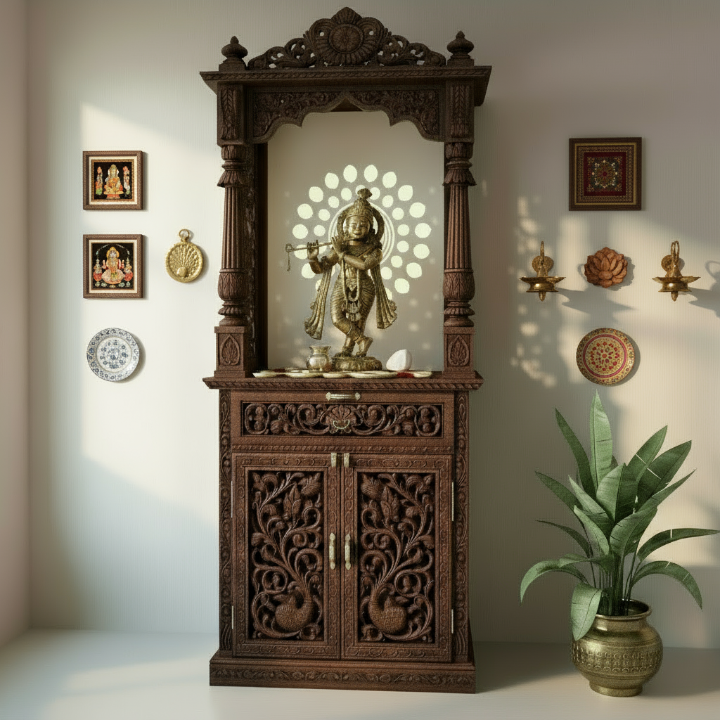 Luxury handcrafted wooden temple for living room with detailed carvings and backlit panel