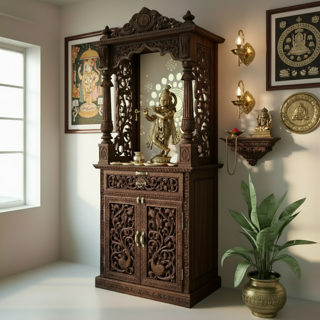 Elegant wooden pooja mandir featuring LED Corian backlight and carved pillars design