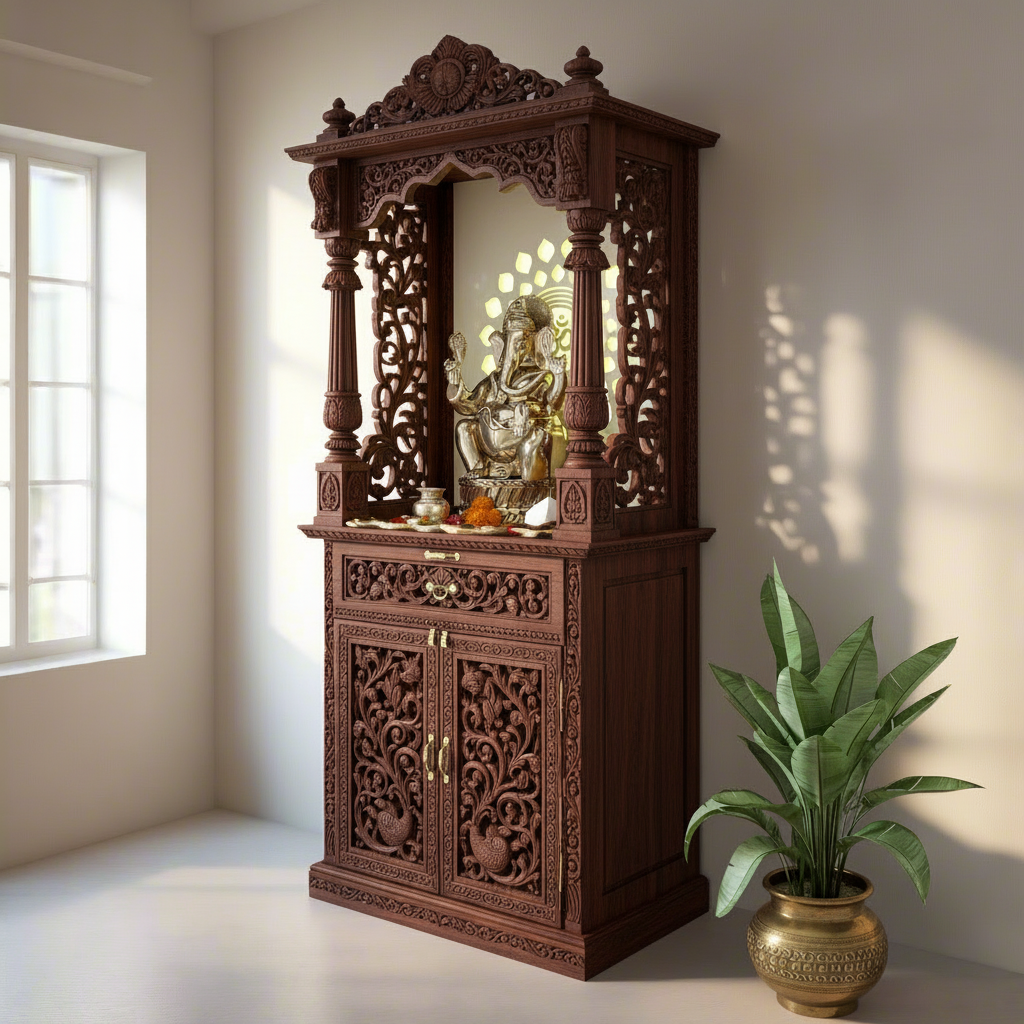 Handcrafted Indian home temple in teak finish with illuminated Corian back panel