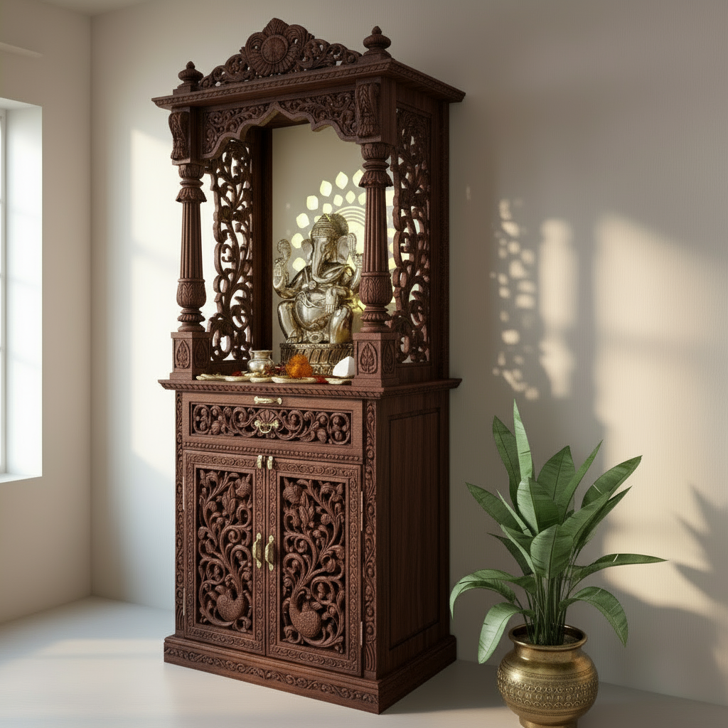 Premium wooden temple with LED Corian panel and intricate side jali design