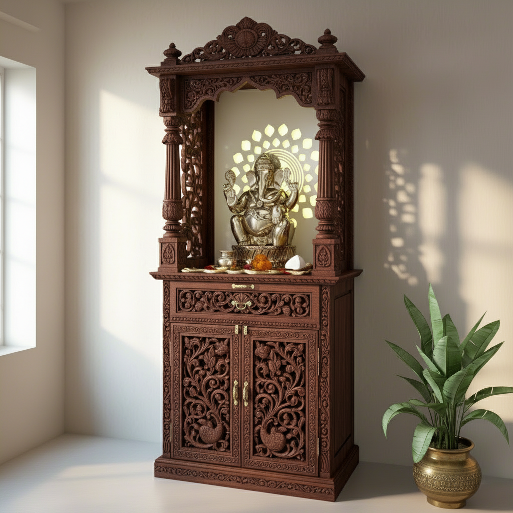 Traditional wooden pooja mandir with deep floral carvings and glowing Om symbol