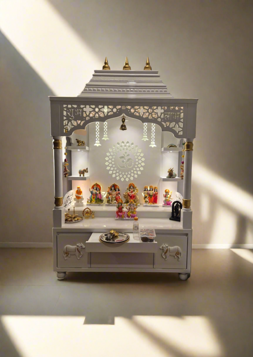 White wooden pooja mandir with LED lights, handcrafted Indian temple for home with traditional dome design and cow carvings