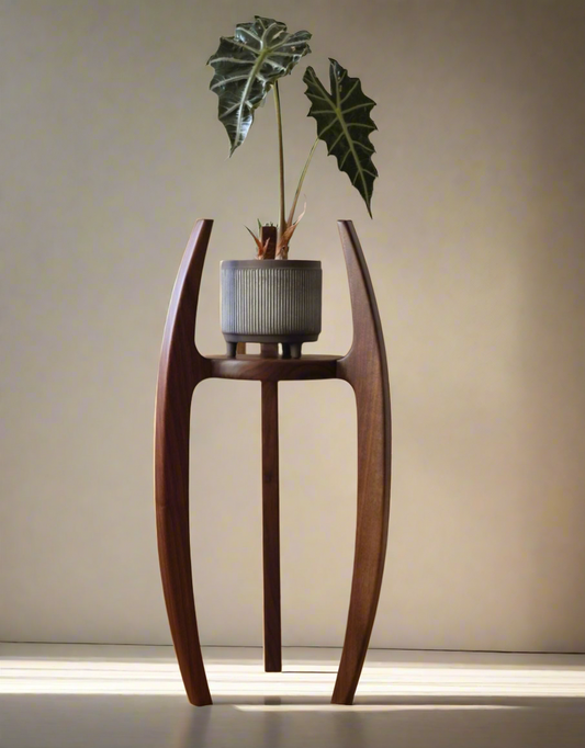 Handcrafted walnut wood plant stand with curved legs and indoor plant in ceramic pot.