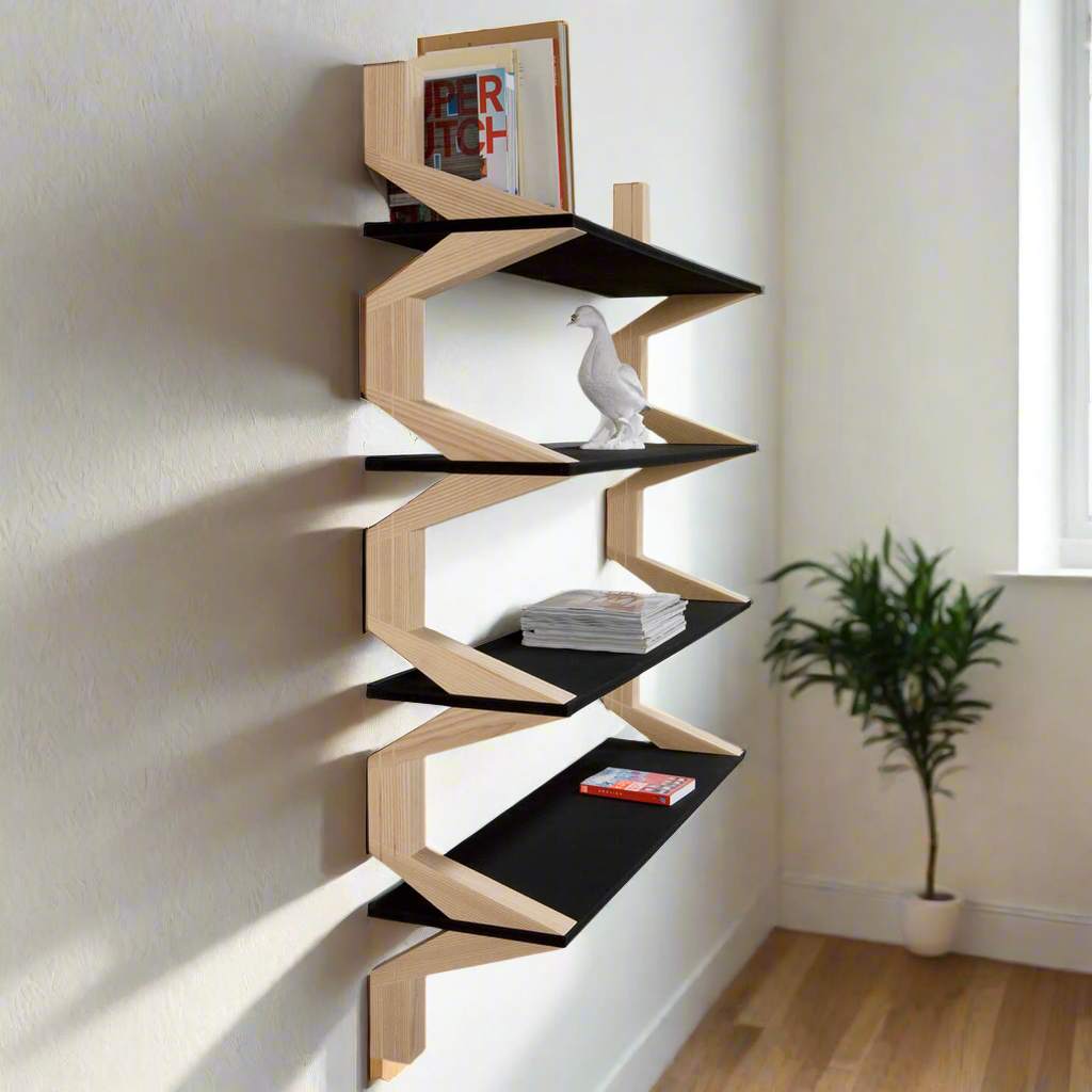 A stylish, wall-mounted shelf featuring a geometric wooden frame with black shelves, ideal for contemporary home decor.