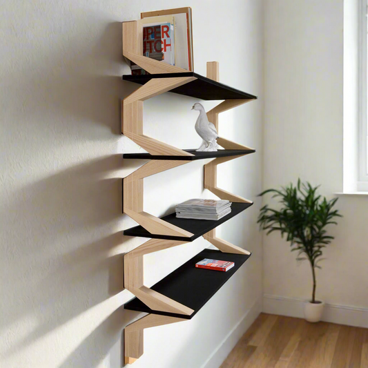 A stylish, wall-mounted shelf featuring a geometric wooden frame with black shelves, ideal for contemporary home decor.