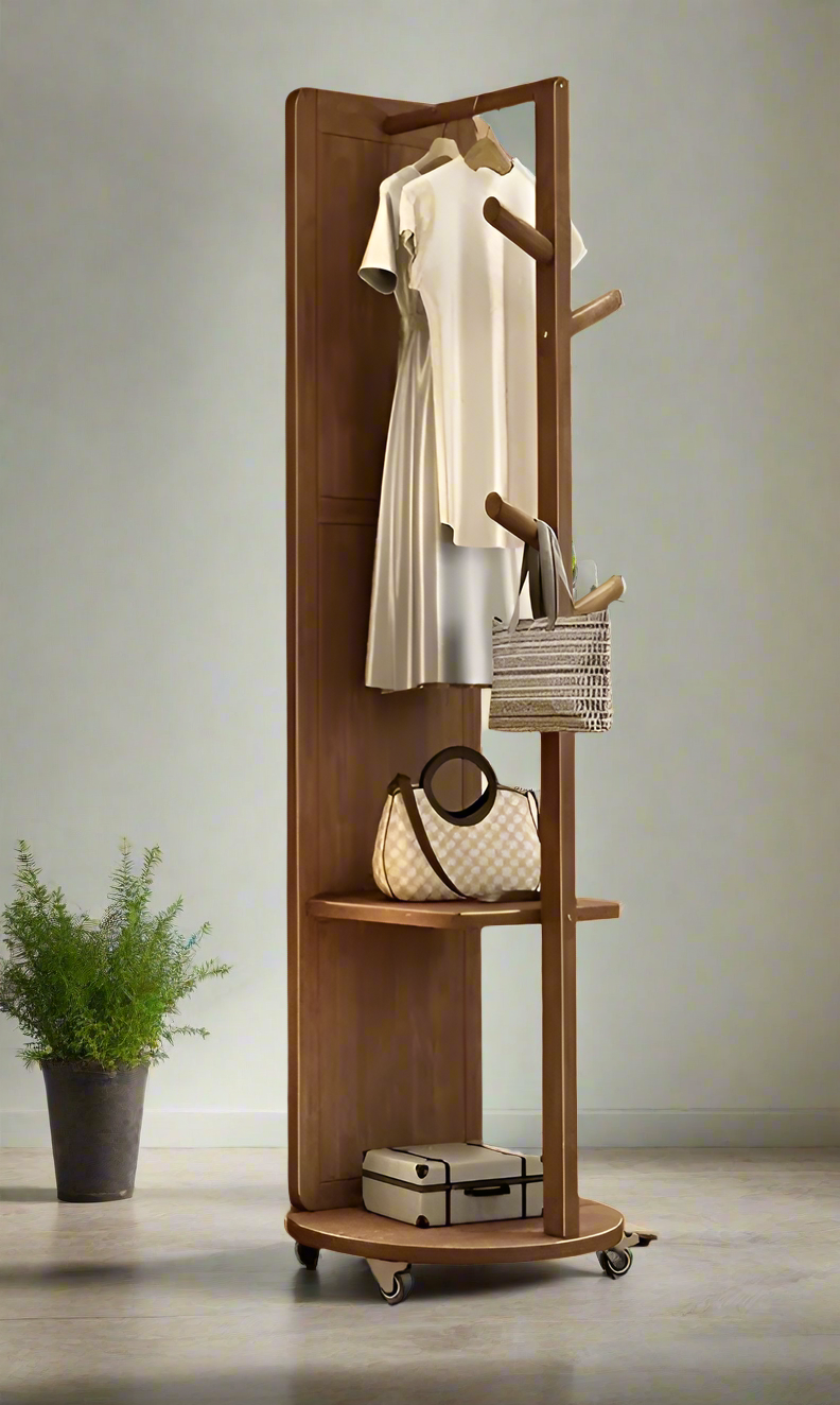 This Teakwood Rotating Full-Length Floor Mirror with Storage and Wooden Design | 360° Rotating Wooden Full-Length Mirror with Storage Shelves and Hangers - Modern Space-Saving Organizer