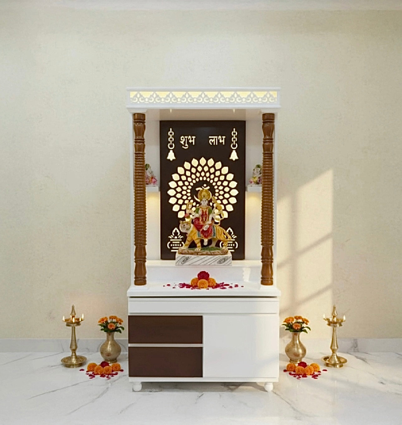 Elegant white and brown wooden mandir with LED backlit Shubh Labh design for modern home interiors.