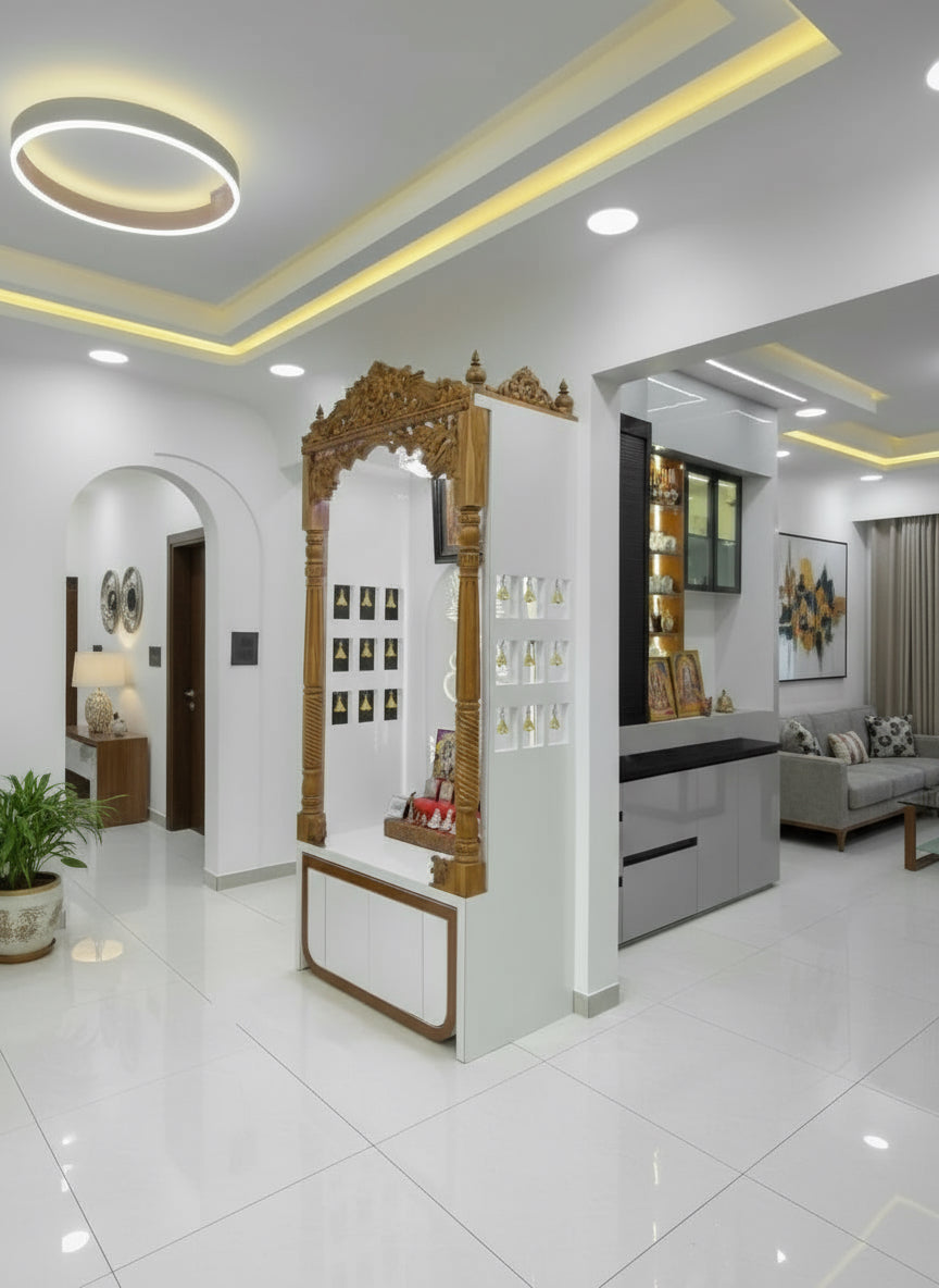 Premium wooden temple with LED lights, storage drawers, and intricate Ganesha artwork on acrylic panel