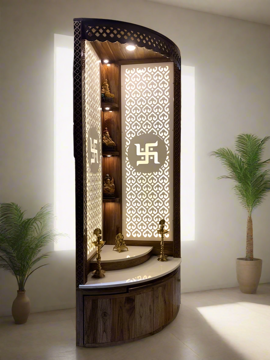 Premium Pooja Mandir with decorative laser-cut wooden panels and built-in deity shelves, perfect for home prayer spaces.