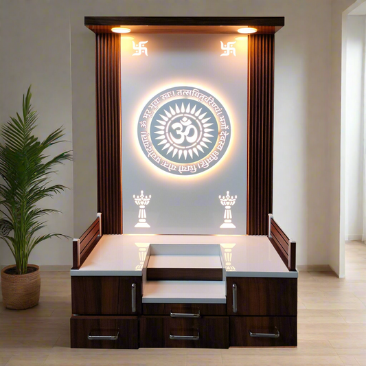 Modern Wooden Pooja Mandir for Home with LED Backlight | Designer Temple with Storage Drawers | OM 3-D Panel Design Mandap
