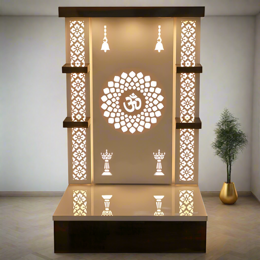 Modern wooden pooja mandir with intricate floral jaali design and backlit Om symbol