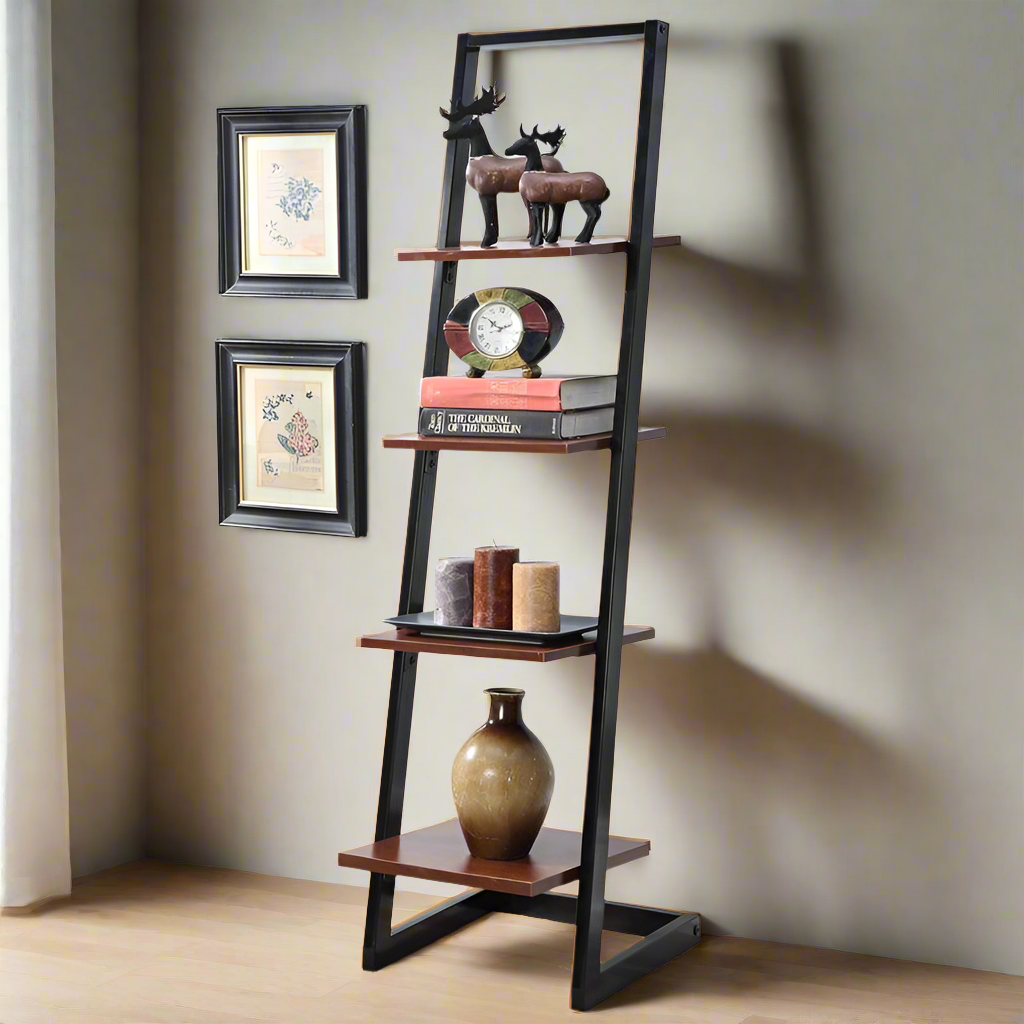 Modern Ladder Shelf with 4-Tier Wood and Metal Design for Home Decor