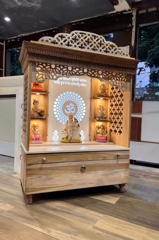 Handcrafted wooden home temple with LED-lit acrylic OM panel and storage drawers