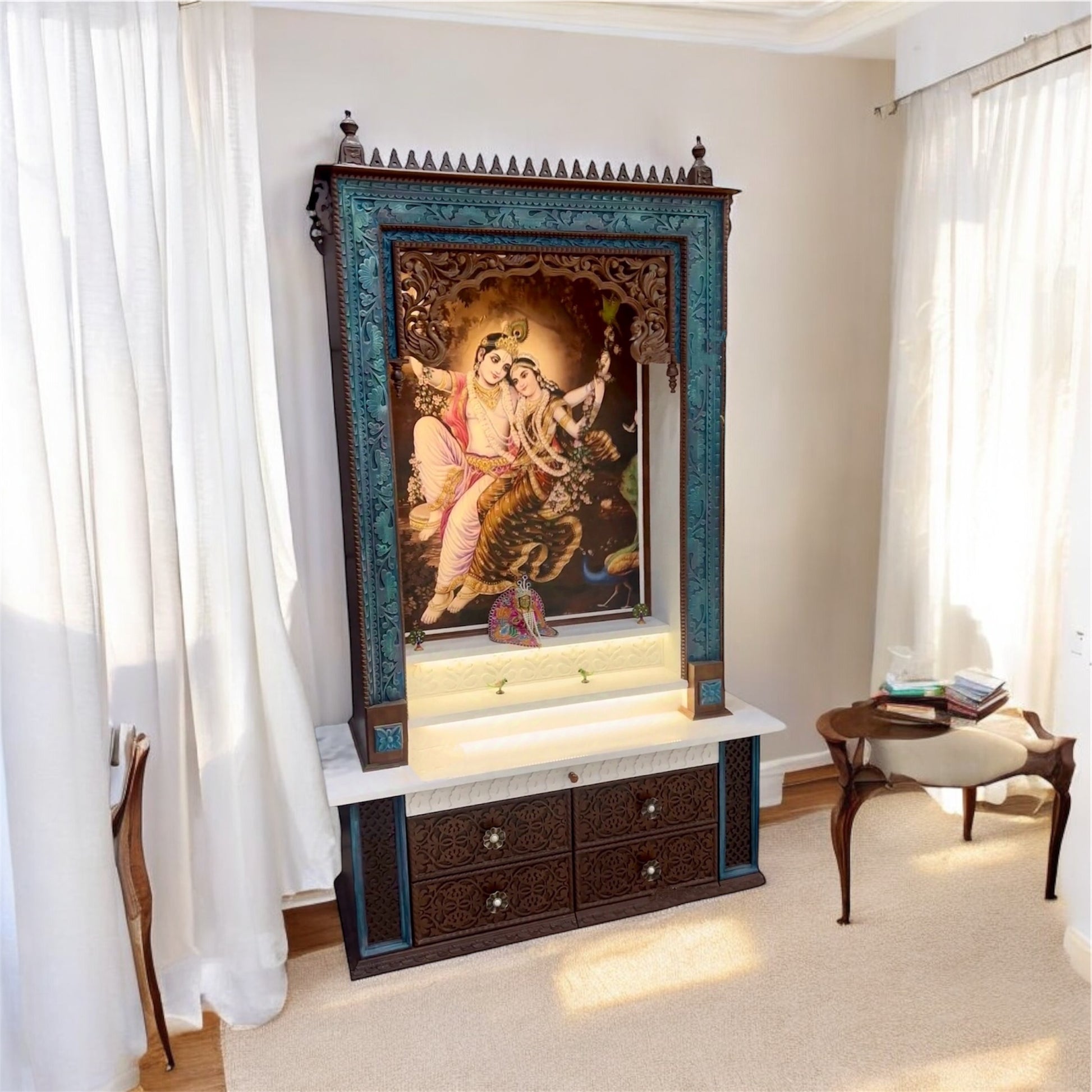 Handcrafted Wooden Pooja Mandir for Home – Traditional Temple with Storage Drawer and Bell Holders