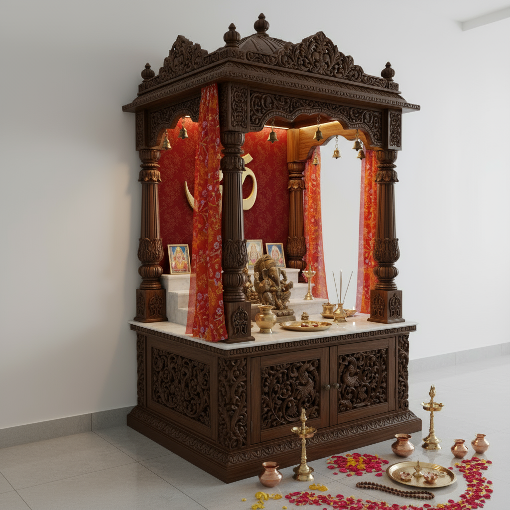 Handcrafted wooden pooja mandir with intricate carvings, Corian marble platform, and red velvet OM backdrop – perfect for home temple decor.