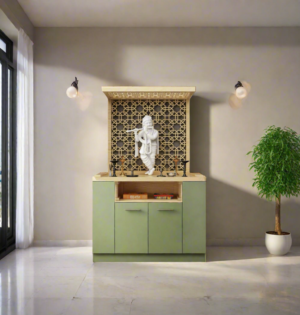 A contemporary pooja mandir with a stylish wooden frame, storage cabinets, and a divine Lord Krishna idol. Perfect for creating a serene and organized prayer space at home.