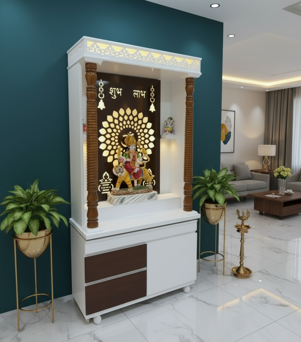 Handcrafted wooden temple with Shubh Labh light panel and storage drawers for home worship.