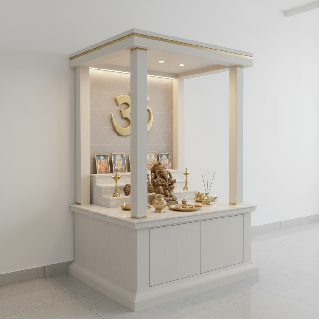 Side view of premium wooden pooja mandir with LED backlit Om symbol, marble finish top, and neatly arranged brass pooja accessories – luxury home temple design.