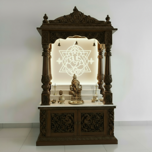 Traditional wooden temple with elegant dome design and detailed carvings for luxury interiors.