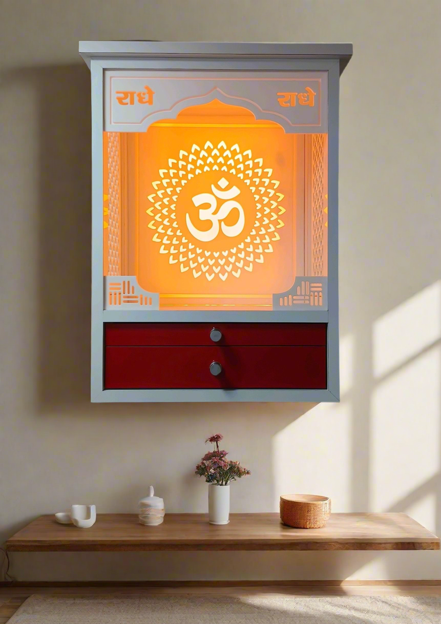 Stylish and space-saving wooden mandir with warm LED lighting, beautifully crafted with traditional Hindu motifs. A perfect addition to modern home décor.