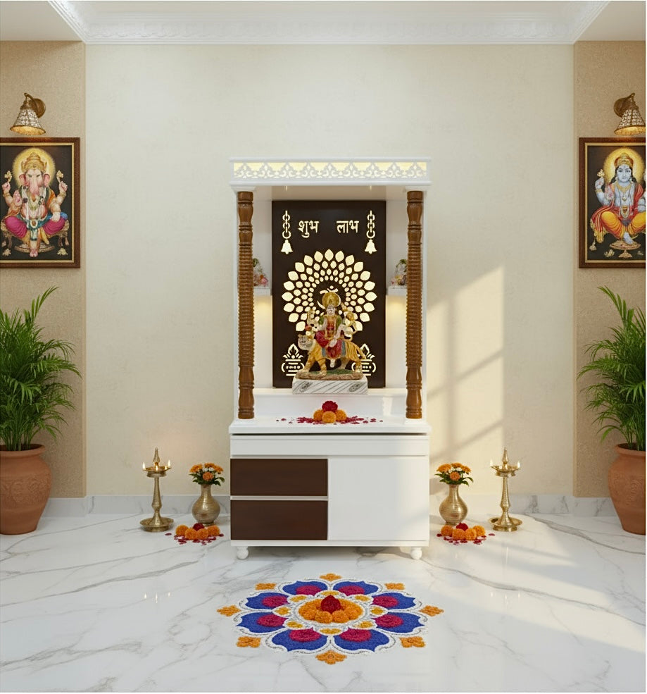 White and brown wooden pooja mandir with backlit Shubh Labh panel and LED lighting for elegant home decor.