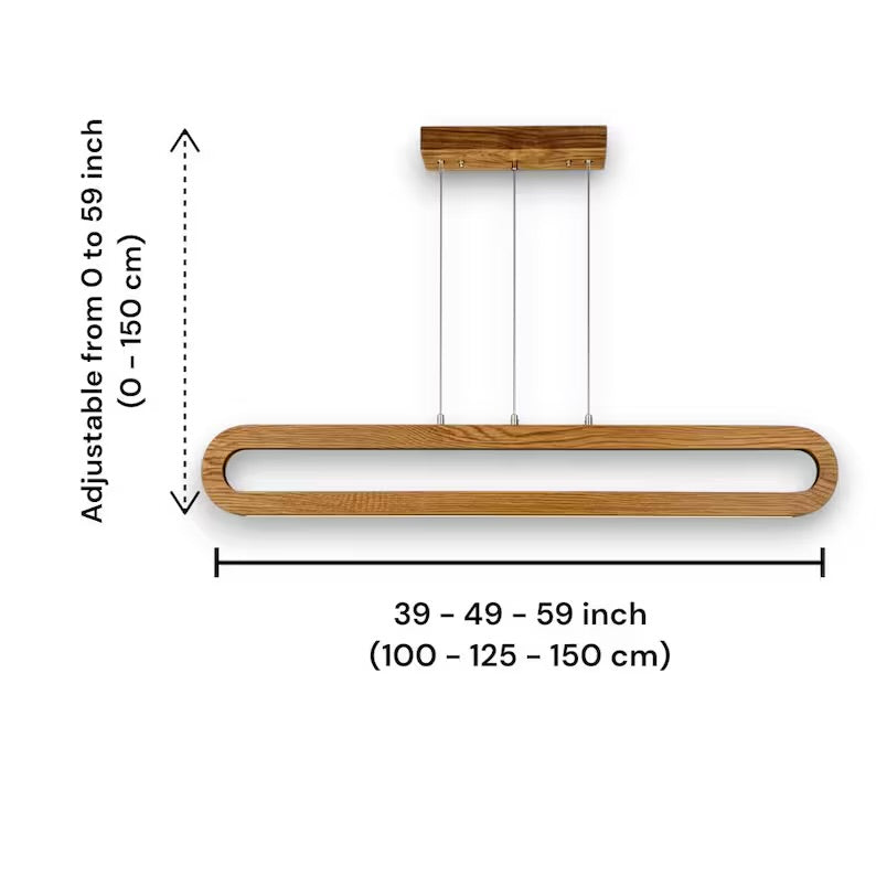 Wooden hanging light with adjustable dimensions on a white background