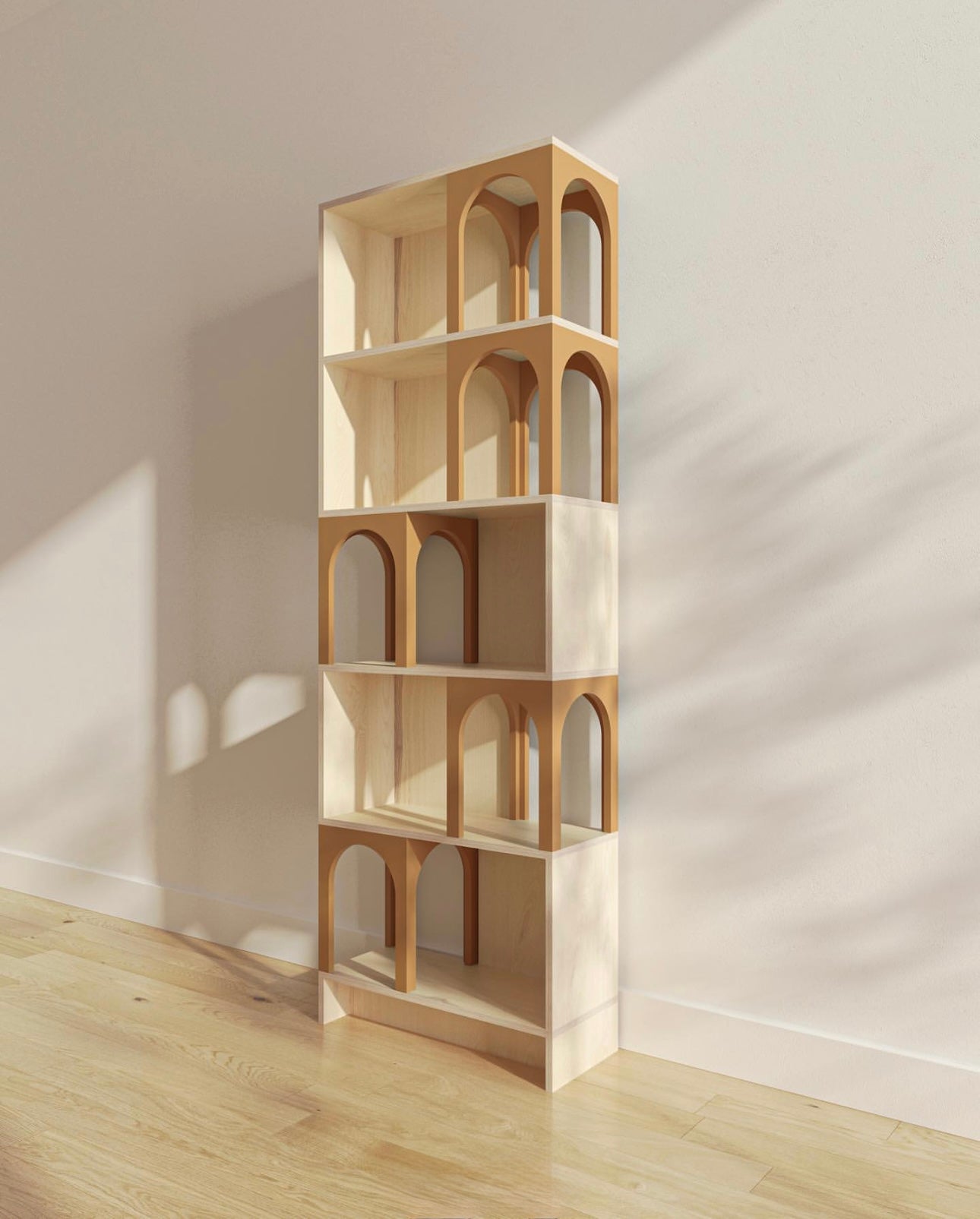 Mid-century style wooden shelving unit – compact bookshelf for small space organization