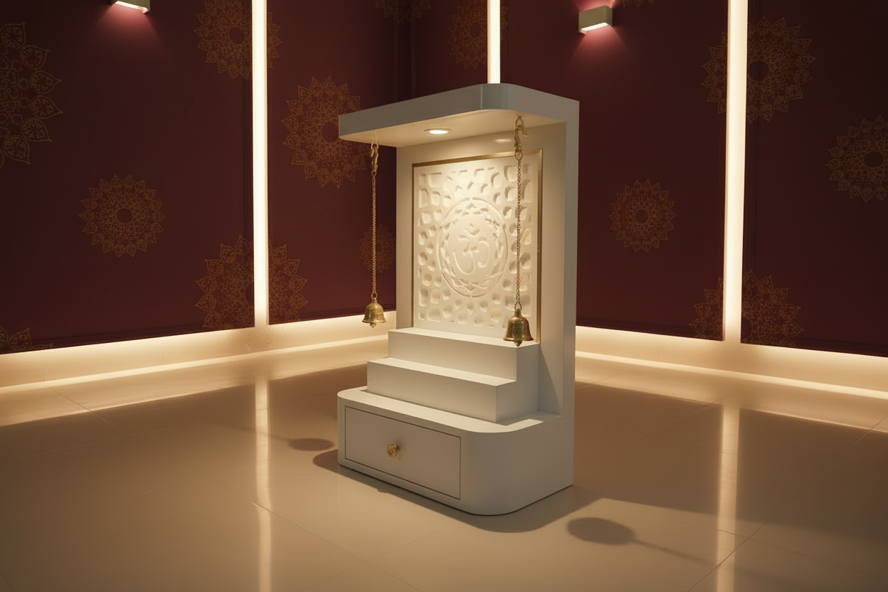 White wooden pooja mandir for home featuring Om carving, LED backlight and traditional hanging bells