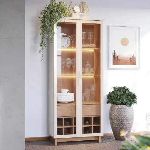 Elegant Glass Display Cabinet with LED Lights – Perfect for Dining Room or Kitchen Storage | Modern Glass Display Cabinet with LED Lighting and Wine Storage
