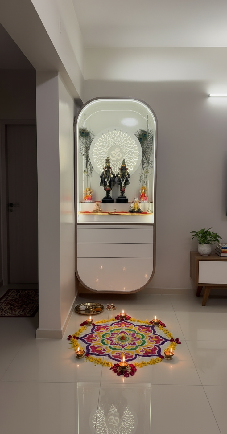 (Exclusive)-Premium Modern Pooja Mandir for Home – Acrylic White Finish with LED Backlit Om Panel, Curve Arch Design & Storage Drawers