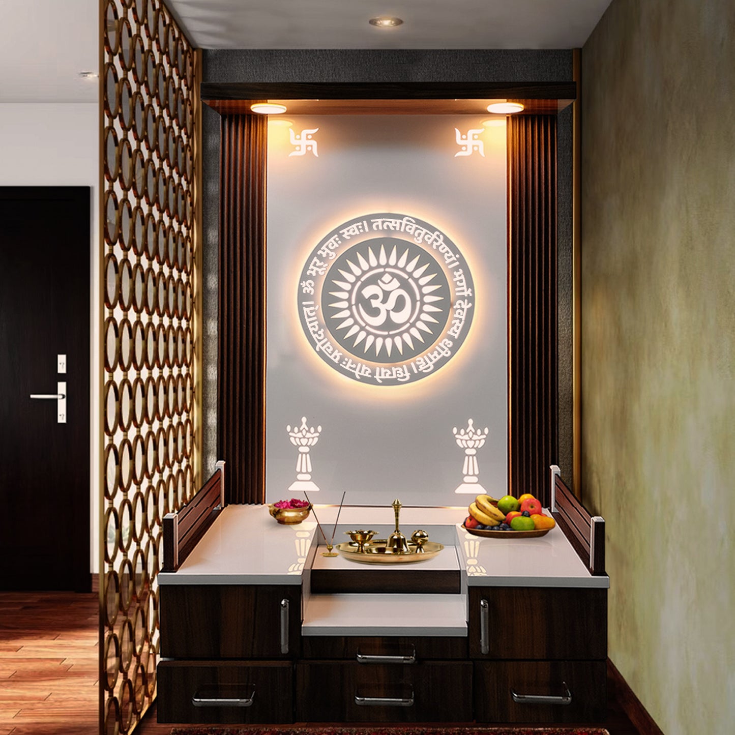 Designer mandir with pull-out trays and traditional backlit Sanskrit mantra
