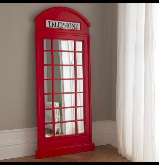 British Telephone Booth Mirror – Full-Length Vintage Wall Mirror in Red, Black, White & Grey | Iconic London-Inspired Home Decor