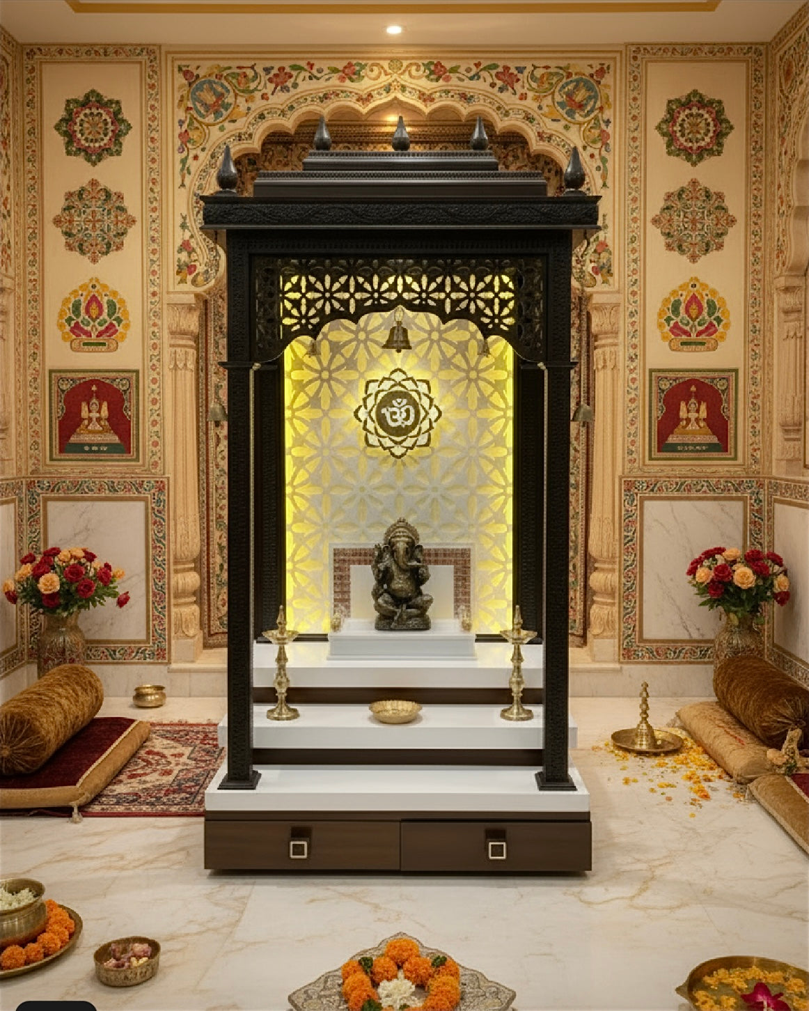 Stylish black wooden mandir with Corian background lighting and decorative carvings for living room