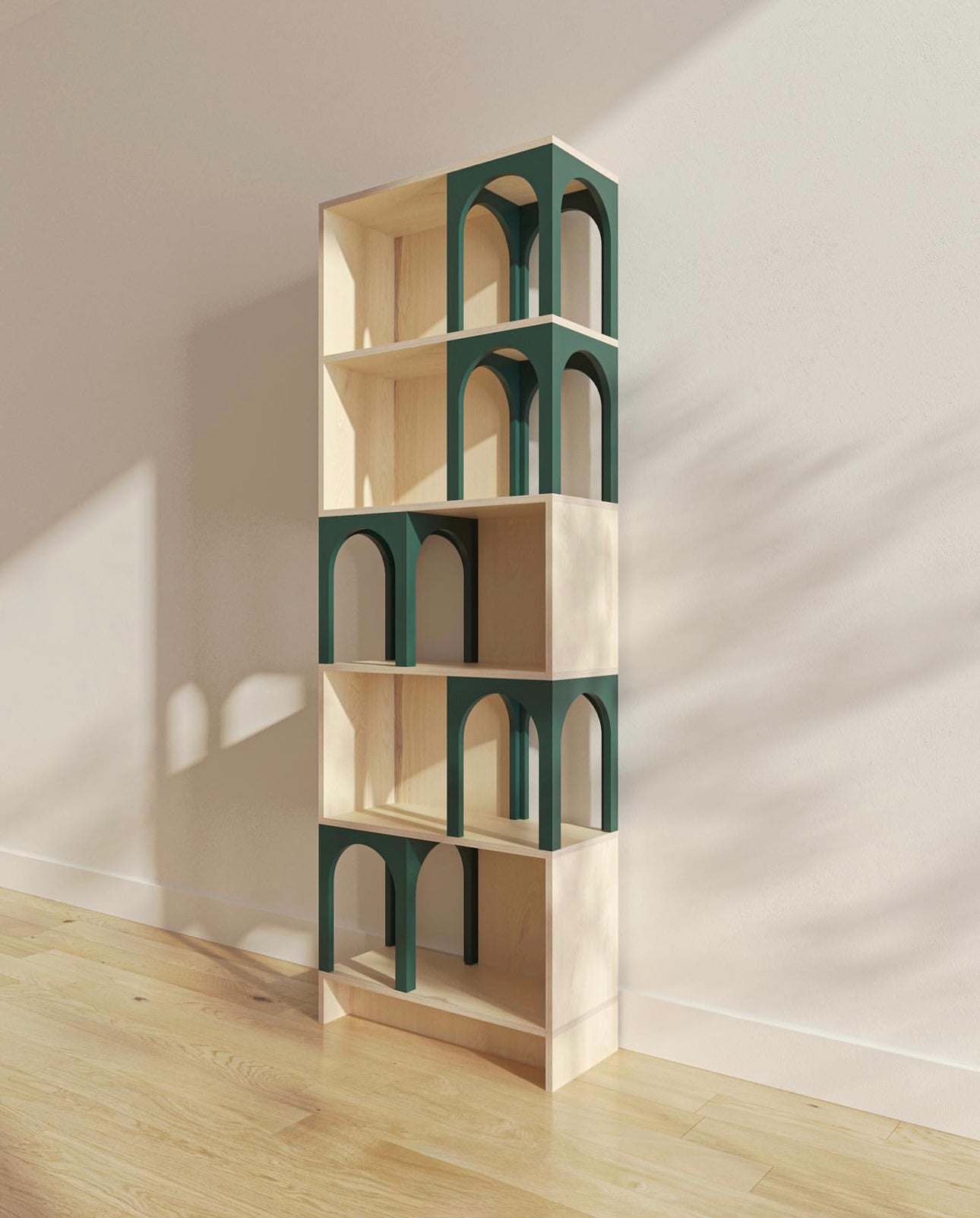 Tall narrow bookshelf with clean lines and wood grain texture – modern vertical storage unit