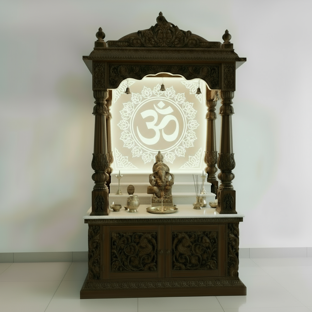Designer pooja mandir with detailed carving, marble top and premium traditional design.