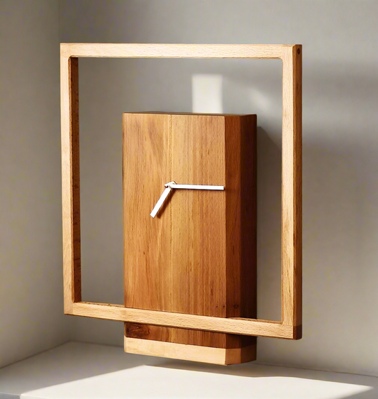 Modern Wooden Wall Clock Features A Unique design with A Natural oak Finish and a Minimalist Square Frame Surrounding a Rectangular Block