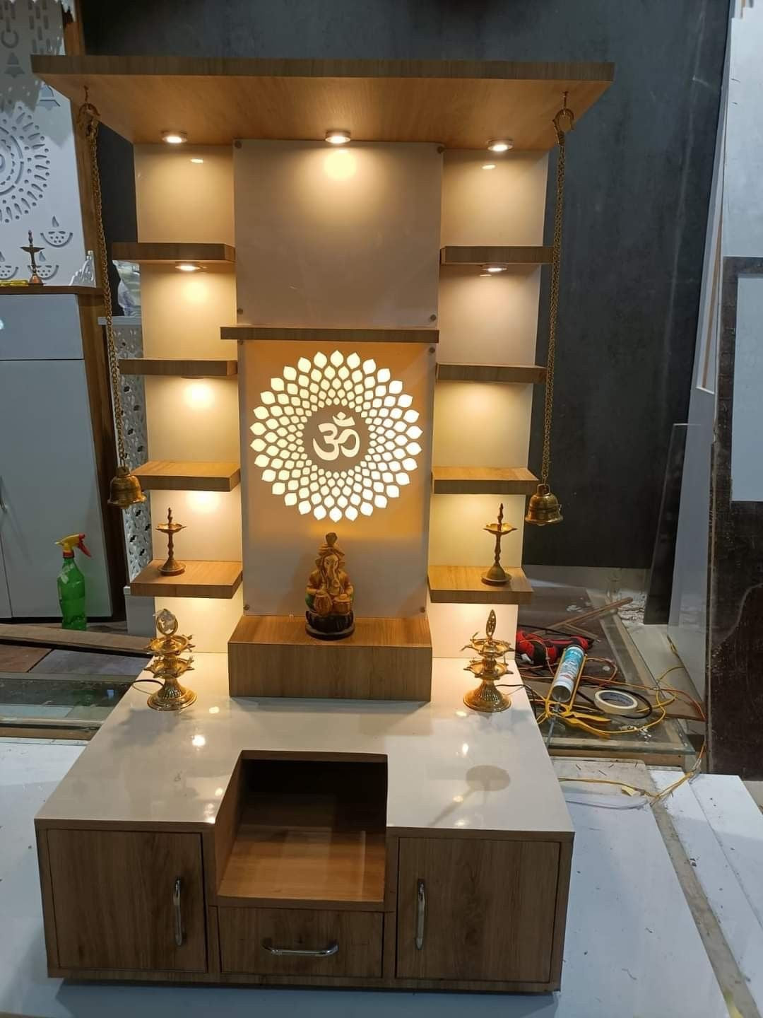 Premium wooden pooja mandir with LED lights, hanging bells, and spacious prayer area