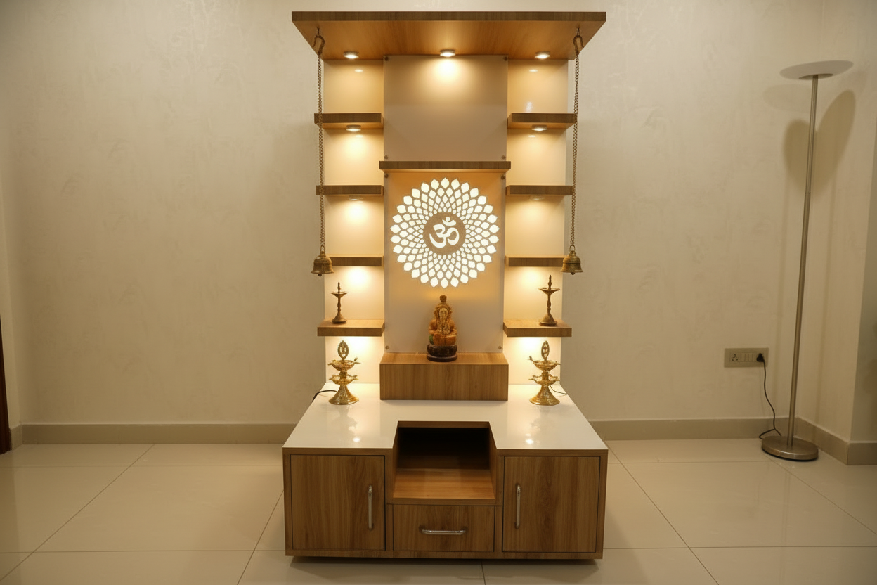 Modern wooden pooja mandir with LED backlit Om design, shelves, and storage cabinets for home