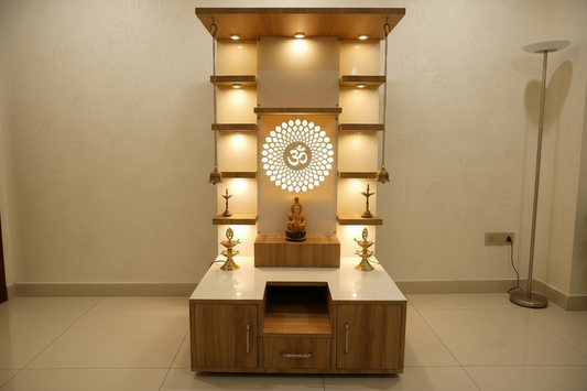 Modern wooden pooja mandir with LED backlit Om design, shelves, and storage cabinets for home