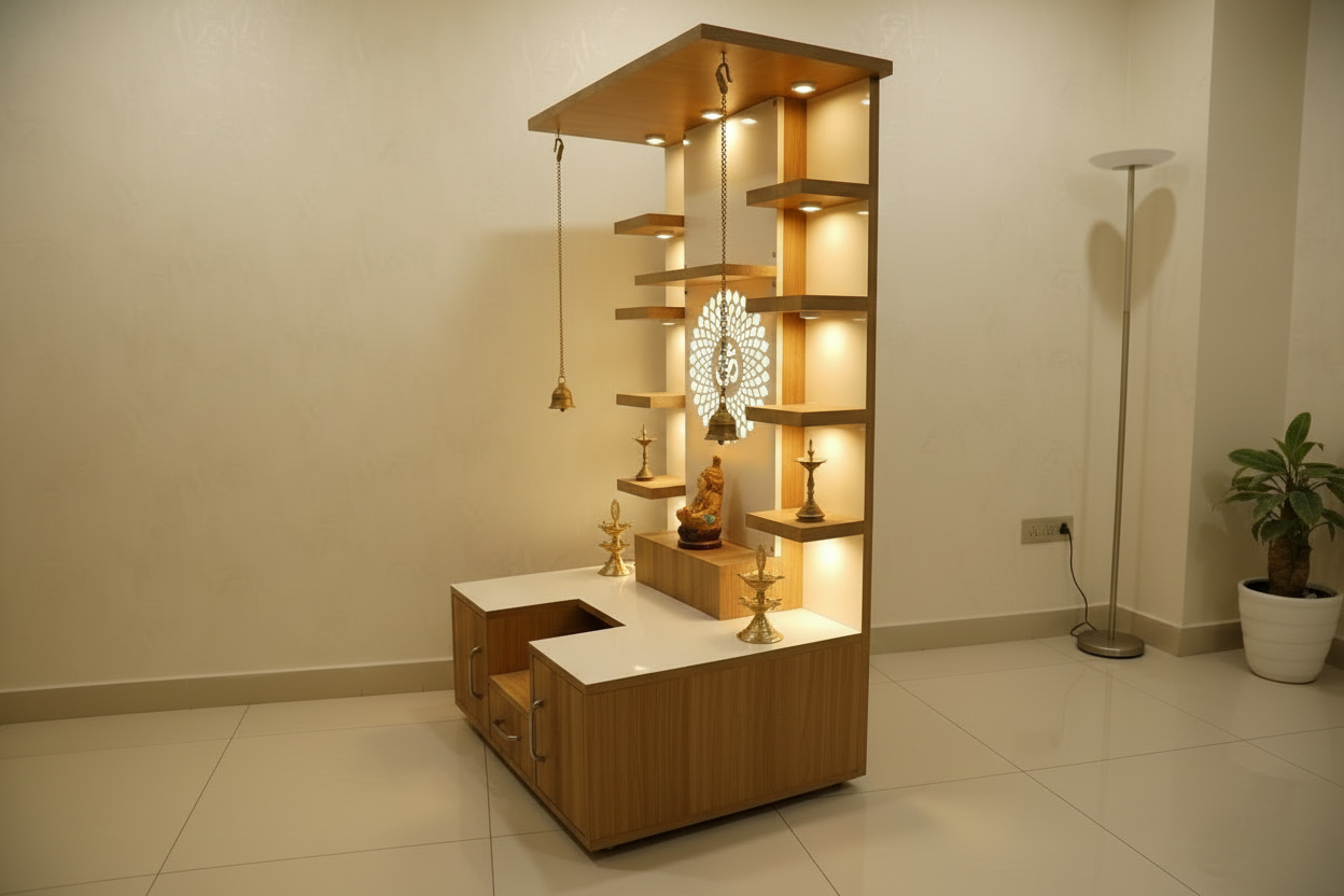 Modern LED pooja mandir for home with wooden finish, storage cabinets, and decorative shelves