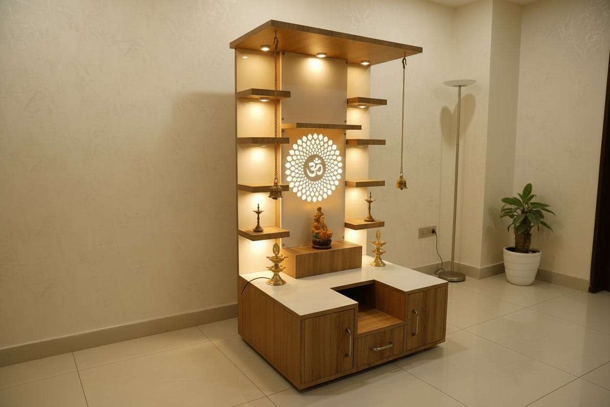 Designer wooden pooja mandir featuring LED lighting, Om back panel, and built-in storage unit