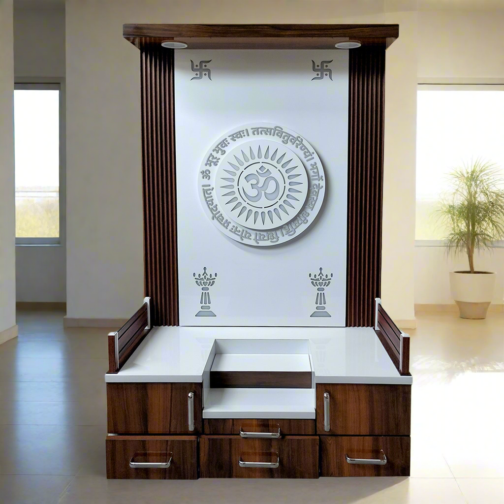 Modern Wooden Pooja Mandir for Home with LED Backlight | Designer Temple with Storage Drawers | OM 3-D Panel Design Mandap