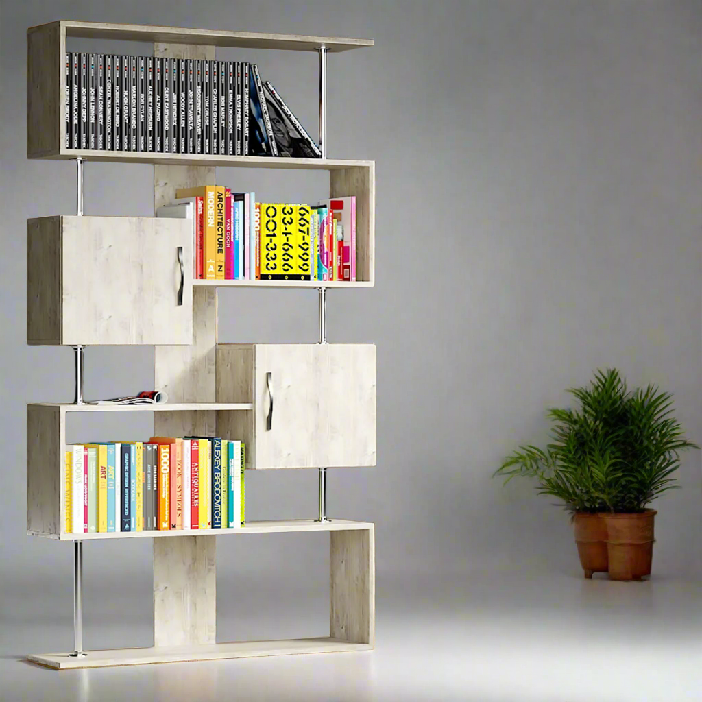 Modern Multi-Tier Wooden Bookshelf with Storage Cabinets – Stylish Shelving Unit for Home and Office