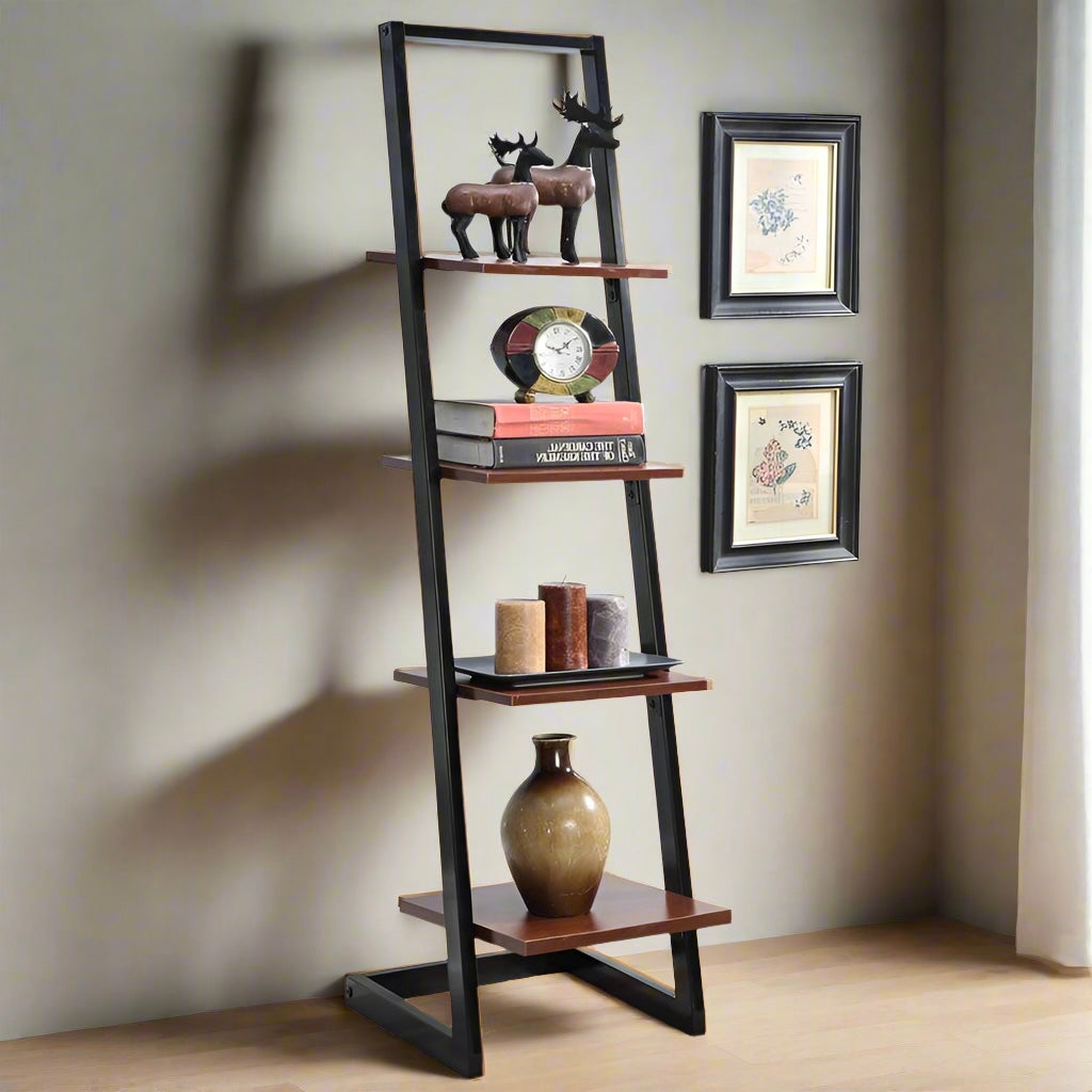 Modern Ladder Shelf with 4-Tier Wood and Metal Design for Home Decor